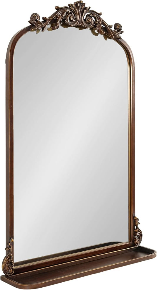 Kate and Laurel Arendahl Traditional Vintage Arch Mirror with Shelf; 21 x 32; Bronze; Baroque Antique Arched Wall Mirror with Functional Shelf and Ornate Frame