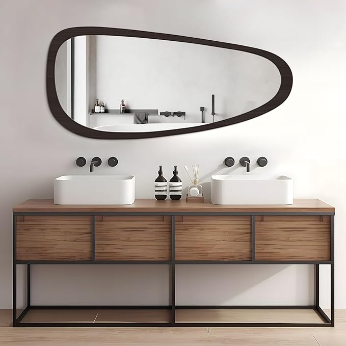 WallBeyond Asymmetrical Mirror, Irregular Wall Mirror, Wall Mirrors Decorative for Bedroom Living Room Entryway Hall, Wood Mirror for mid Century Modern Decor 48" H x 22" W, Black