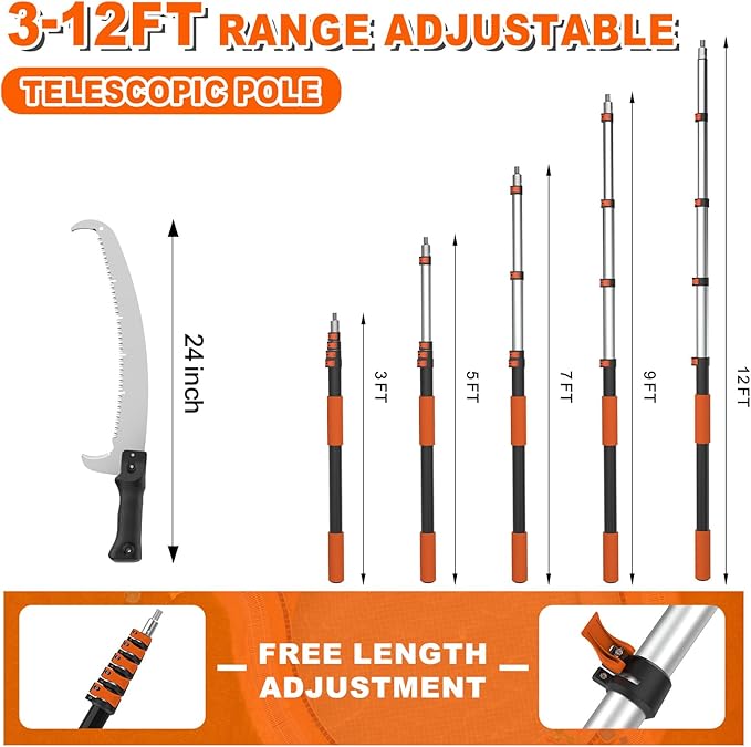 20FT Reach Pole Saw for Tree Trimming, Telescoping Tree Pruner Extendable with 3-12FT Extension Pole, Manual Saw for Yard, Garden, Patios