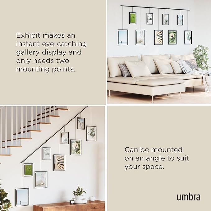 Umbra Exhibit Wall Frame with Metal Rod for Hanging-Rimless Design-Suitable for Living Room, Bathroom, Bedroom, Entryway and More, Black