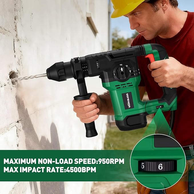 1-1/4 Inch SDS-Plus Rotary Hammer, 13 Amp 7.0J Power Hammer Drills, 4 Functions, 6 Speeds, 3 Drill Bits, 2 Chisels with Safety Clutch, Rotomartillo for Concrete Demolition Chipping