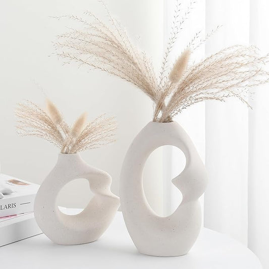 Set of 2 Romantic Hollow Ceramic Vases for Home Decor – Modern Minimalist Romantic Flower Vase for Pampas Grass Perfect for Entryway, Coffee Table, Living Room, Dining Table, Shelf Decor