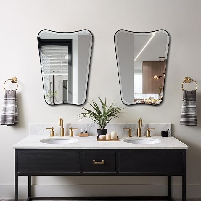 POZINO Bathroom Beveled Mirror, 22"x30" Wavy Vanity Mirror for Over Sink, Modern Butterfly Shaped Decorative Mirrors with Stainless Steel Metal Frame, Black Irregular Rectangle Mirrors for Wall Decor