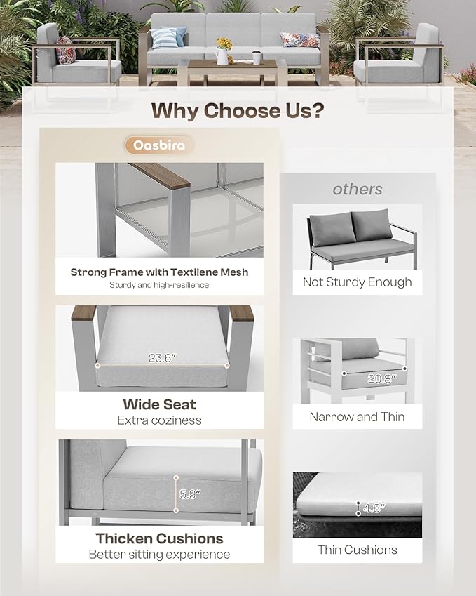 Outdoor Furniture Set, 4 Piece Aluminum Patio Furniture Set with Coffee Table, Wide Seat and Thick Cushions, Outdoor Patio Conversation Sets for Deck, Porch (LightGray)