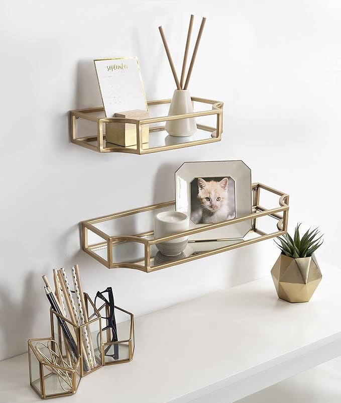 Kate and Laurel Ciel Modern Glam Metal Wall Shelf Set, Set of 2, Gold, Elegant Wall Decor and Storage