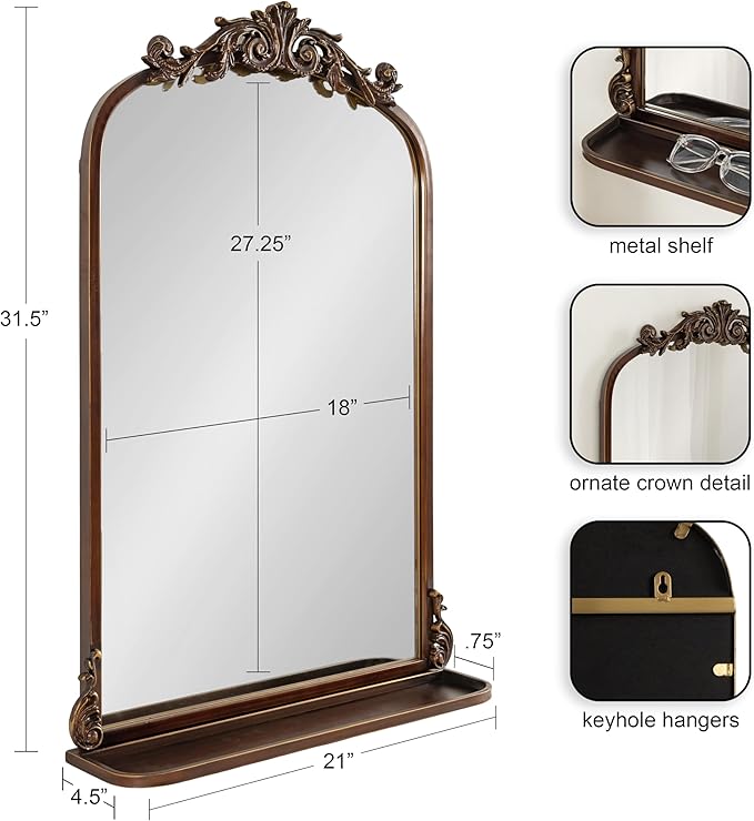Kate and Laurel Arendahl Traditional Vintage Arch Mirror with Shelf; 21 x 32; Bronze; Baroque Antique Arched Wall Mirror with Functional Shelf and Ornate Frame