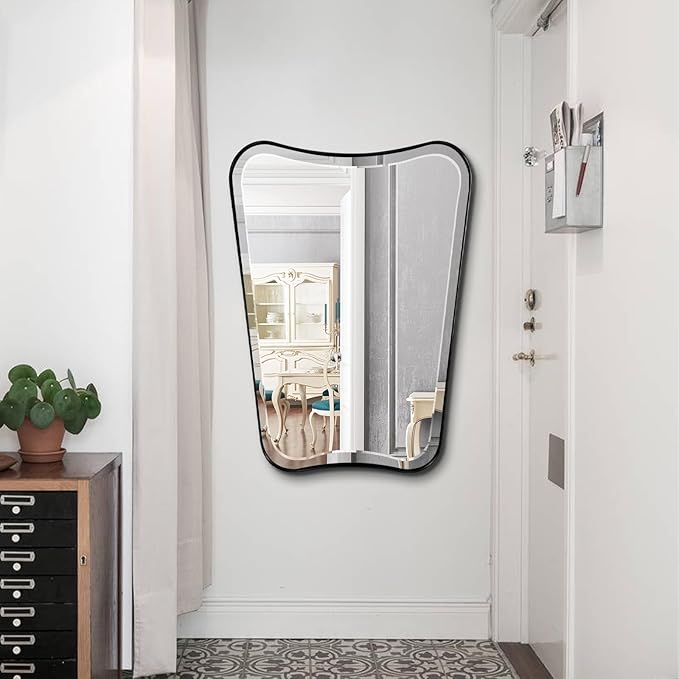 POZINO Bathroom Beveled Mirror, 22"x30" Wavy Vanity Mirror for Over Sink, Modern Butterfly Shaped Decorative Mirrors with Stainless Steel Metal Frame, Black Irregular Rectangle Mirrors for Wall Decor