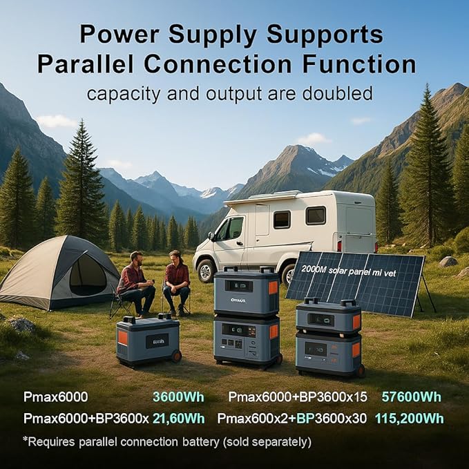 3600Wh/6000W Solar Power Station,OSCAL PowerMax 6000 Solar Generator, 120V/240V Split Phase Voltage AC Outlets (9000W Peak), 2400W Solar Charging,Emergency for Home,Battery Backup