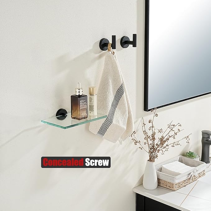 JQK Bathroom Glass Shelf Black, Tempered Glass Shower Storage 8 by 5 inches, 304 Stainless Steel Matte Black Wall Mount, TGS101L8-PB