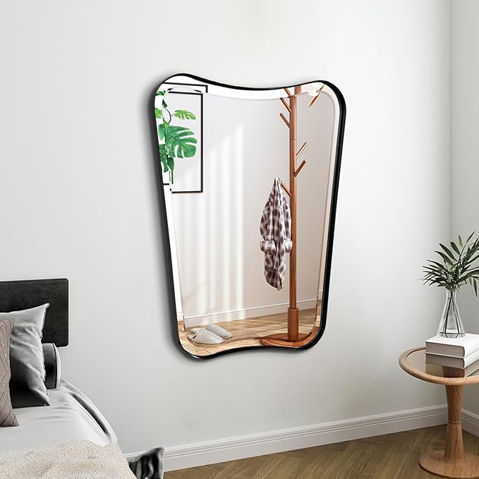 POZINO Bathroom Beveled Mirror, 22"x30" Wavy Vanity Mirror for Over Sink, Modern Butterfly Shaped Decorative Mirrors with Stainless Steel Metal Frame, Black Irregular Rectangle Mirrors for Wall Decor