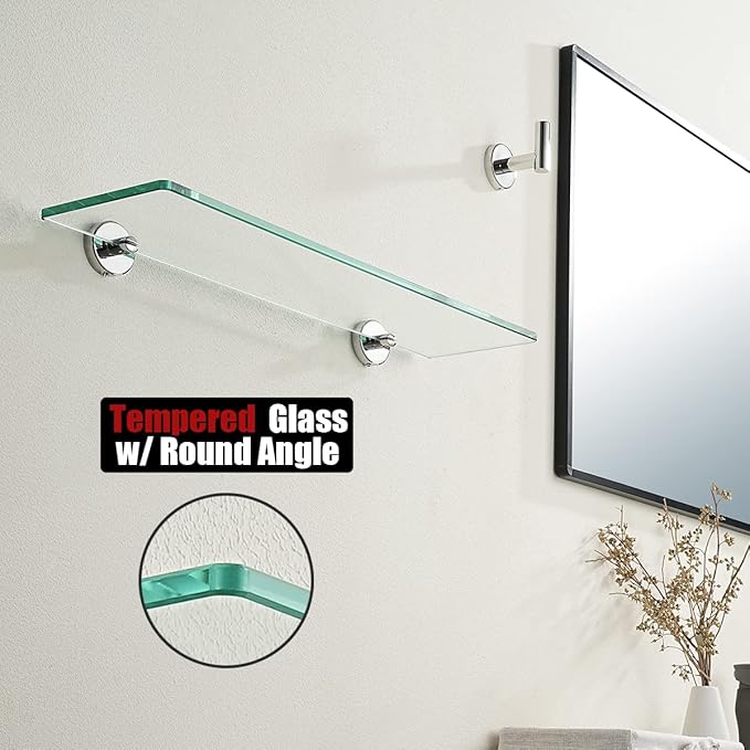 JQK Bathroom Glass Shelf Chrome, Tempered Glass Shower Storage 24 by 5 inches, 304 Stainless Steel Polished Chrome Wall Mount, TGS101L24-CH
