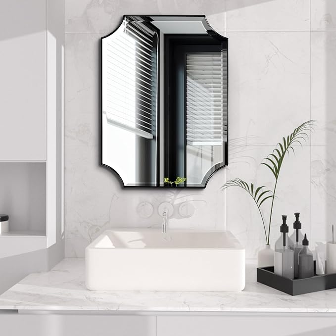 POZINO Rectangle Beveled Mirror, 22"x30" Scalloped Bathroom Mirror for Over Sink, Modern Irregular Shaped Mirrors, Wavy Vanity Wall Mirrors in Premium Frame, Wall Mount Hangs Horizontal Or Vertical