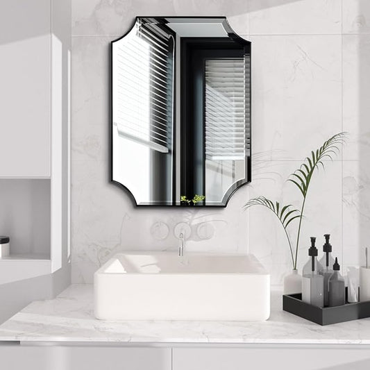 POZINO Rectangle Beveled Mirror, 22"x30" Scalloped Bathroom Mirror for Over Sink, Modern Irregular Shaped Mirrors, Wavy Vanity Wall Mirrors in Premium Frame, Wall Mount Hangs Horizontal Or Vertical