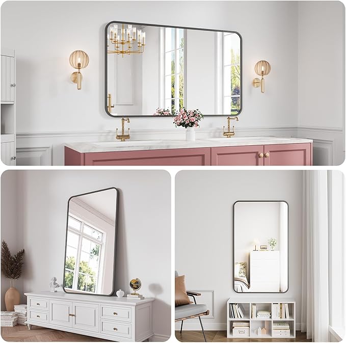 Bathroom Mirror, 30X50 Inch Black Metal Framed Mirror for Bathroom, Tempered Glass, Anti-Rust, Rounded Rectangle Mirror for Restroom, Bedroom, Black