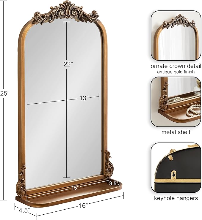 Kate and Laurel Arendahl Traditional Vintage Arch Mirror with Shelf; 16 x 25; Gold; Baroque Antique Arched Wall Mirror with Functional Shelf and Ornate Frame