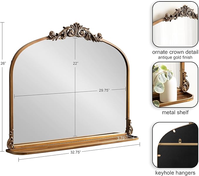 Kate and Laurel Arendahl Traditional Vintage Arch Mirror with Shelf; 33 x 26; Gold; Baroque Antique Arched Wall Mirror with Functional Shelf for Use as Vanity Bathroom Mirror or Cute Nursery Mirror