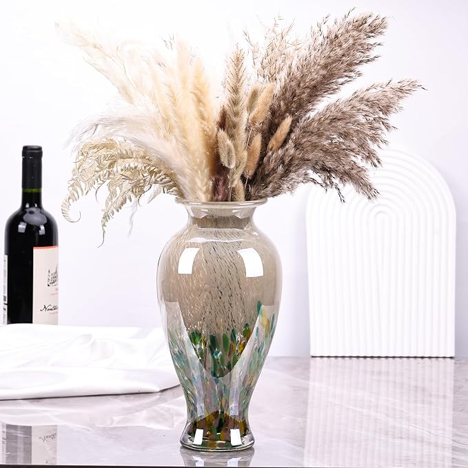 11.8" Tall Blown Green Glass Vase, Colorful Opaque Glass Vase, Unique Design Wide Mouth Art Decoration for Home, Living Room, Dining Table, Pampas Grass Decor (Green)