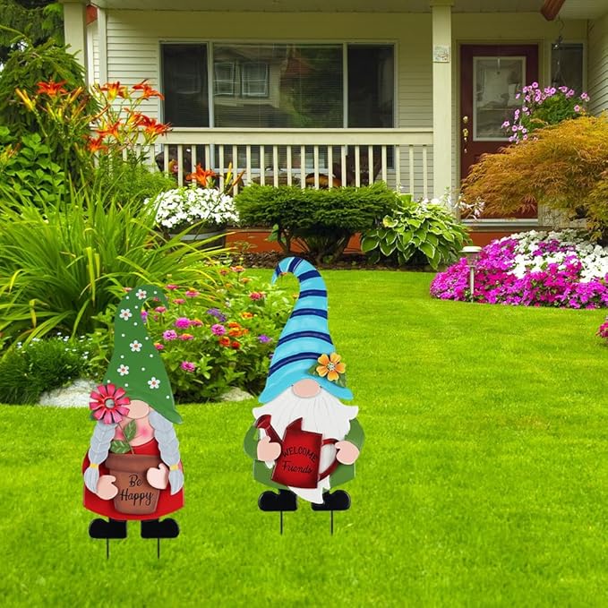 YEAHOME Garden Decor for Outside, Set of 2 Metal Gnomes 27.6” Decorative Garden Stakes with Flowers for Spring Decor, Yard Art Stakes for Outdoor Lawn Backyard Porch Garden Decorations