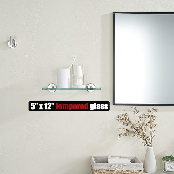 JQK Bathroom Glass Shelf Chrome, Tempered Glass Shower Storage 12 by 5 inches, 304 Stainless Steel Polished Chrome Wall Mount, TGS101L12-CH