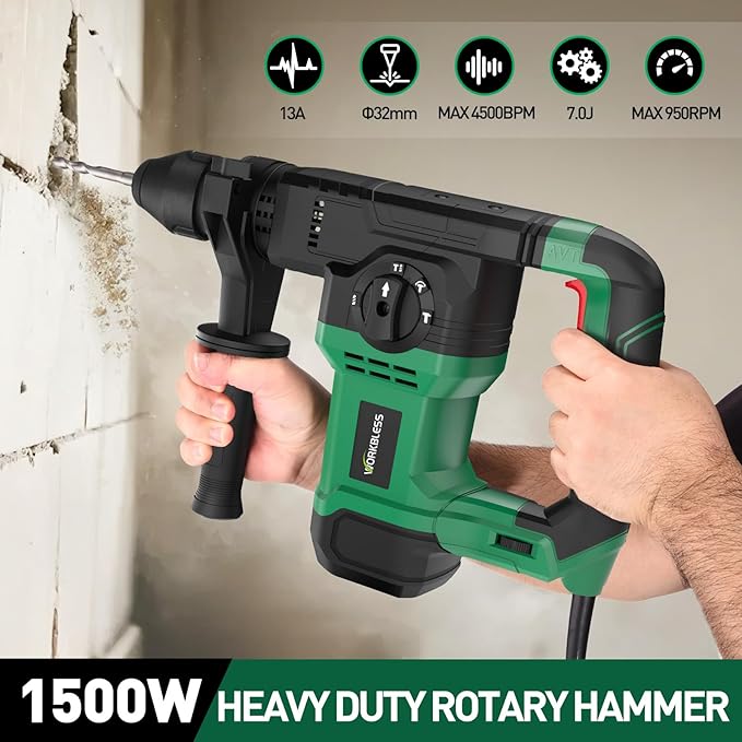 1-1/4 Inch SDS-Plus Rotary Hammer, 13 Amp 7.0J Power Hammer Drills, 4 Functions, 6 Speeds, 3 Drill Bits, 2 Chisels with Safety Clutch, Rotomartillo for Concrete Demolition Chipping