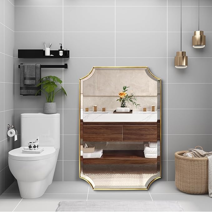 POZINO Beveled Vanity Mirror, 24"x36" Modern Bathroom Mirrors Over Sink, Rounded Rectangle Mirrors with Stainless Steel Frame, Brushed Brass Wall Mirrors for Bedroom Living Room Fireplace Entryway