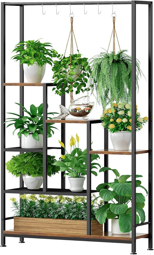 Plant Stand Indoor with Grow Lights - 7-Tier Metal Wooden Plant Shelf Indoor, 67.7" Tall Plant-stand, Corner Plant-Stand for Living Room, Balcony, Patio & Corner (Rustic Brown)