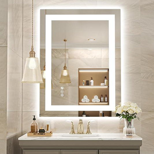 USHOWER LED Bathroom Mirror 28x36 Inch with Lights - Frameless Tempered Glass LED Backlit Lighted Mirror for Bathroom Vanity with Anti-Fog, 3 Colors Dimmable, Memory Function, Wall-Mounted