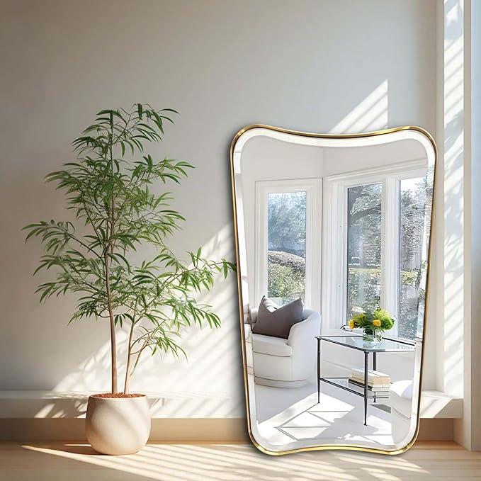 POZINO Brushed Irregular Rectangle Mirrors, 24"x40" Bathroom Vanity Mirror for Over Sink, Brass Unique Shape Decorative Mirrors, Gold Beveled Mirror for Living Room Bedroom Hallway Entryway Fireplace