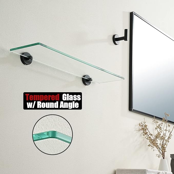 JQK Bathroom Glass Shelf Black, Tempered Glass Shower Storage 24 by 5 inches, 304 Stainless Steel Matte Black Wall Mount, TGS101L24-PB