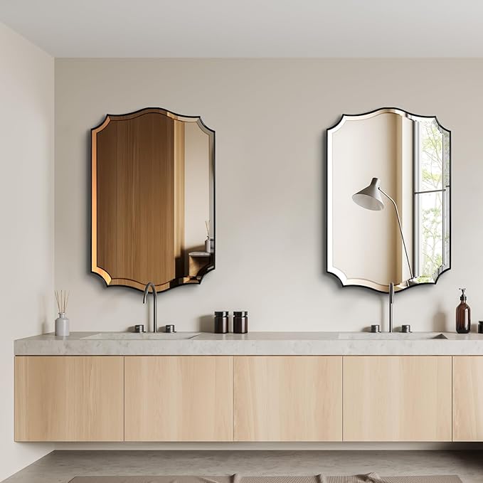 POZINO Scalloped Beveled Mirror, 24"x36" Modern Rectangle Mirror for Over Sink, Irregular Shaped Decorative Mirrors, Wavy Vanity Wall Mirrors for Bathroom Living Room Bedroom Fireplace Entryway