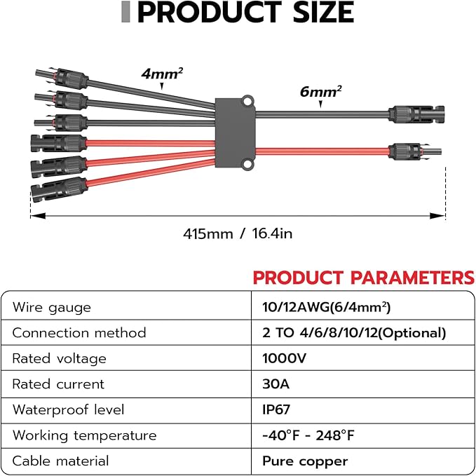 1 Pair Solar Connectors Y Branch 2 to 6,30A 1000VDC Solar Parallel Connectors for 2-3 Solar Panels,10AWG Adapter Solar Panel Connectors