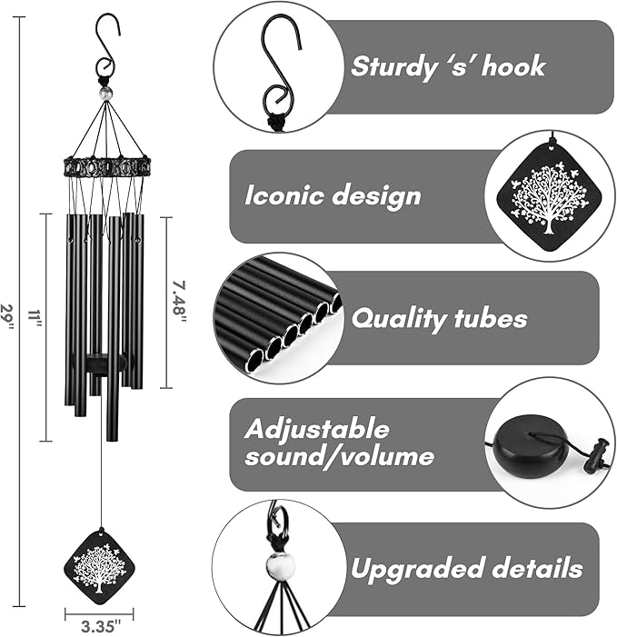 Sympathy Wind Chimes I Tree of Life Wind Chime I Funeral Wind Chimes Sympathy I Bereavement Gift for Loss of Father, Mother, Wife, Husband I Condolence Remembrance Gift I 29" Black