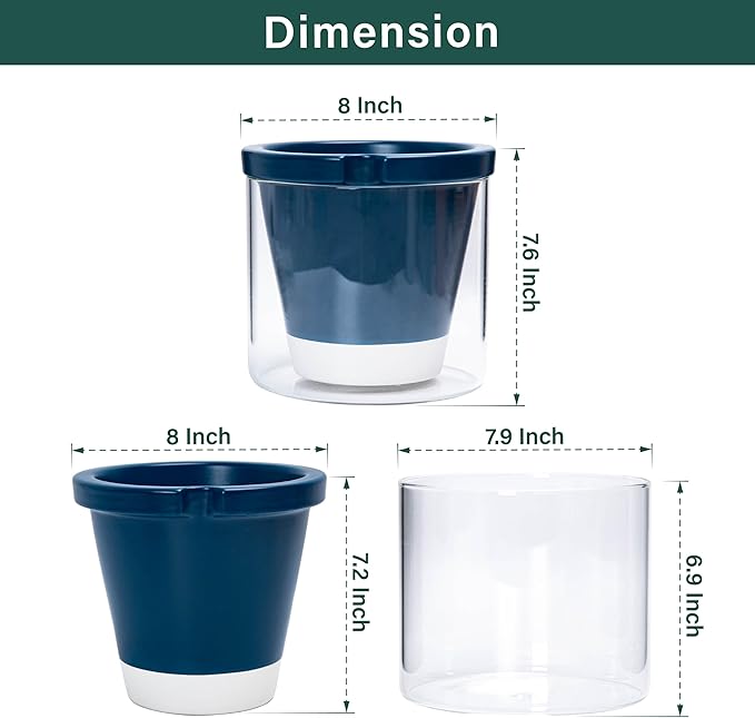 D'vine Dev 8 Inch Design Self Watering Planter for Indoor Plants, Blue Terracotta Pot with Cylinder Glass Cup, 37-X-C-4