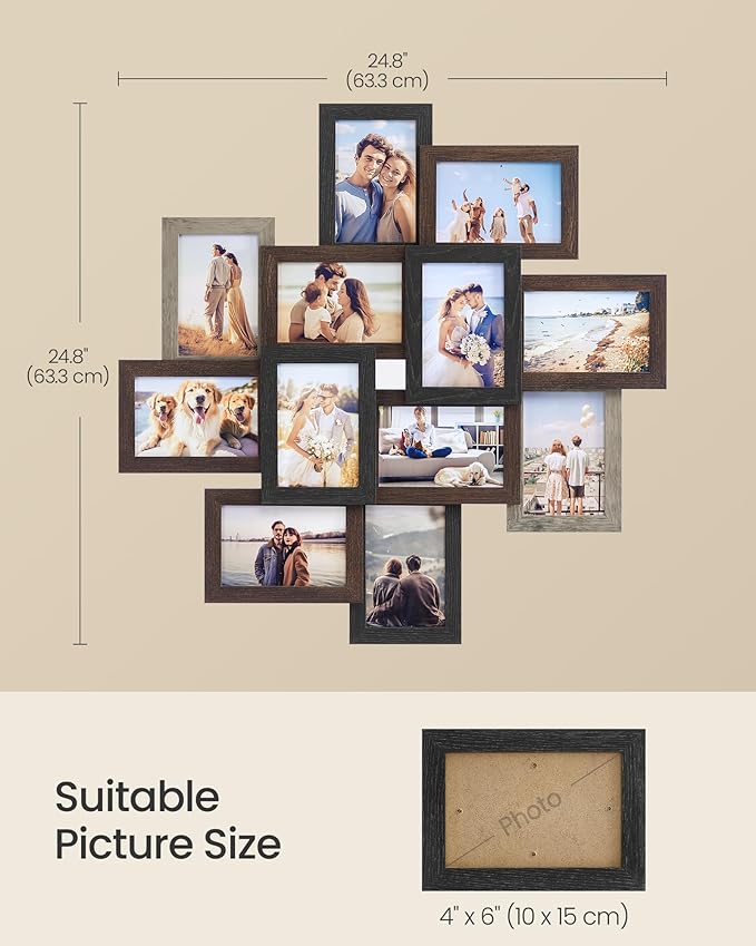 SONGMICS 4x6 Collage Picture Frames, 12-Pack Photo Collage Frame for Wall Decor, Glass Front, Assembly Required, Maroon Brown, Heather Greige, Ash Black URPF022M01