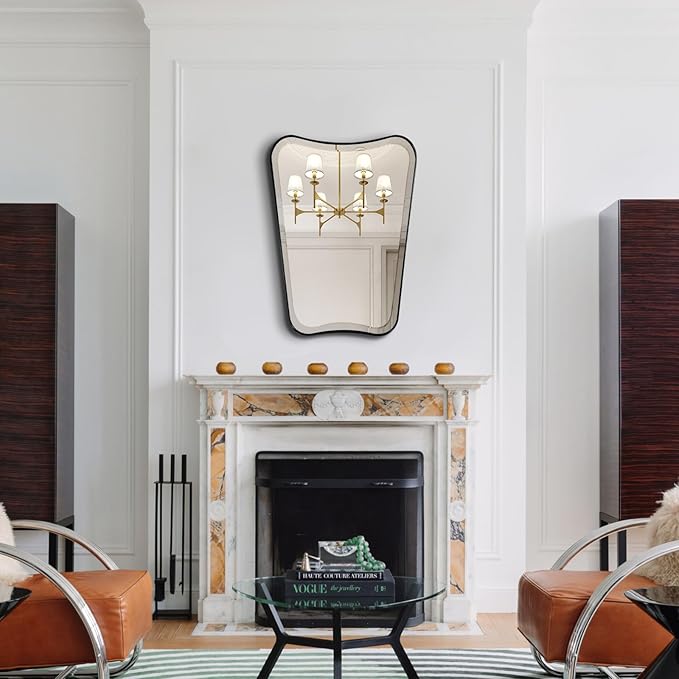 POZINO Bathroom Beveled Mirror, 22"x30" Wavy Vanity Mirror for Over Sink, Modern Butterfly Shaped Decorative Mirrors with Stainless Steel Metal Frame, Black Irregular Rectangle Mirrors for Wall Decor