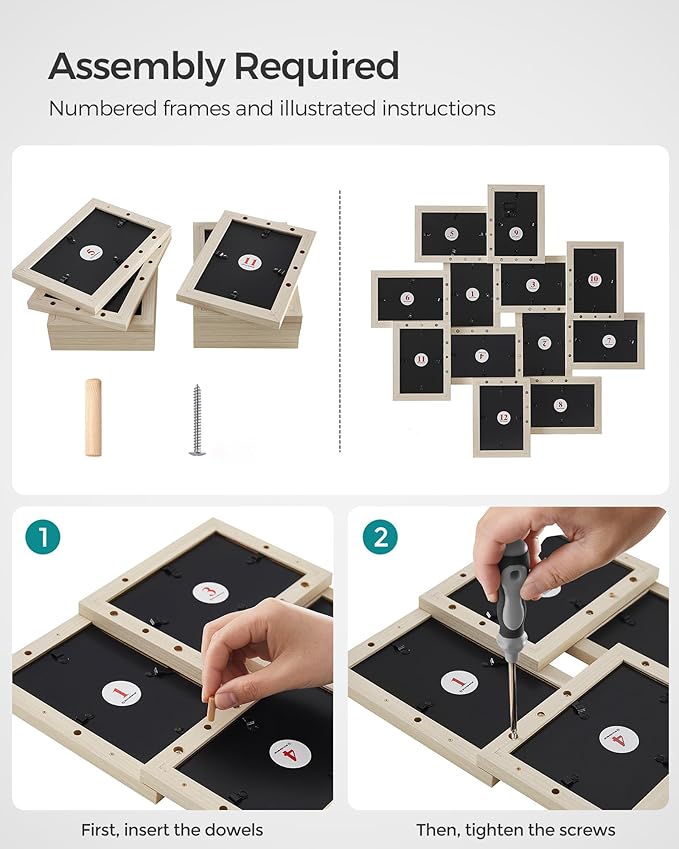 SONGMICS 4x6 Collage Picture Frames, 12-Pack Photo Collage Frame for Wall Decor, Glass Front, Assembly Required, Natural Beige URPF022N01