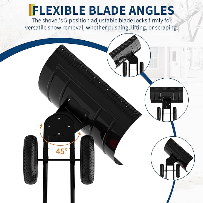 40 inch Wide Metal Snow Shovel with Wheels, Heavy Duty Snow Pusher with 5-Position Angled Blade & Adjustable Handle, Perfect for Driveway, Doorway & Sidewalk