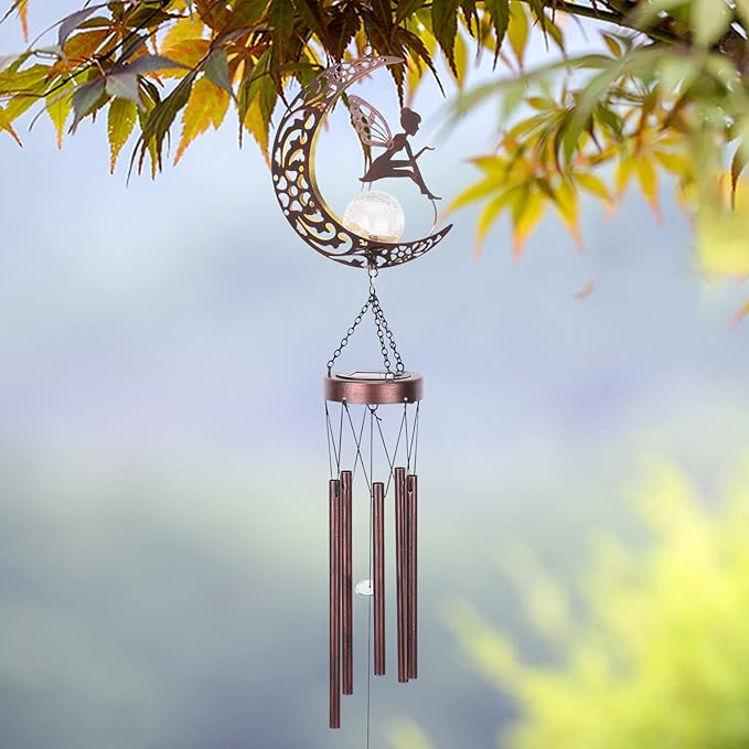 Taman Wind Chime - Fairy Wind Chimes for Outside Moon Solar Lights Indoor Crackle Glass Ball LED Decorative Mobile Memorial Gift, Aluminum Tubes for Home, Outdoor, Yard, Patio,Garden Decor, 43.5"