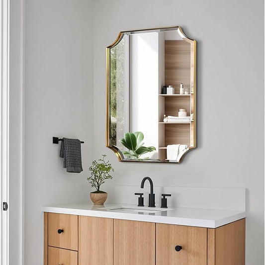 POZINO Brushed Gold Beveled Mirror, 22"x30" Rounded Rectangle Mirrors, Modern Bathroom Vanity Mirror for Over Sink in Premium Stainless Steel Frame, Wall Mount Hangs Horizontal Or Vertical