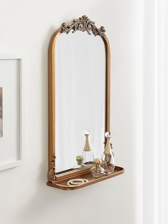 Kate and Laurel Arendahl Traditional Vintage Arch Mirror with Shelf; 16 x 25; Gold; Baroque Antique Arched Wall Mirror with Functional Shelf and Ornate Frame