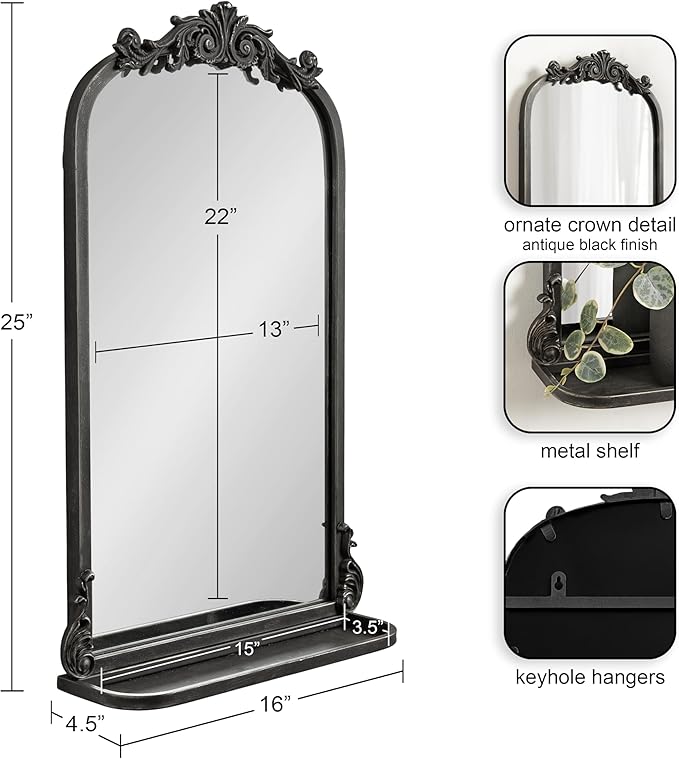 Kate and Laurel Arendahl Traditional Vintage Arch Mirror with Shelf; 16 x 25; Black; Baroque Antique Arched Wall Mirror with Functional Shelf and Ornate Frame