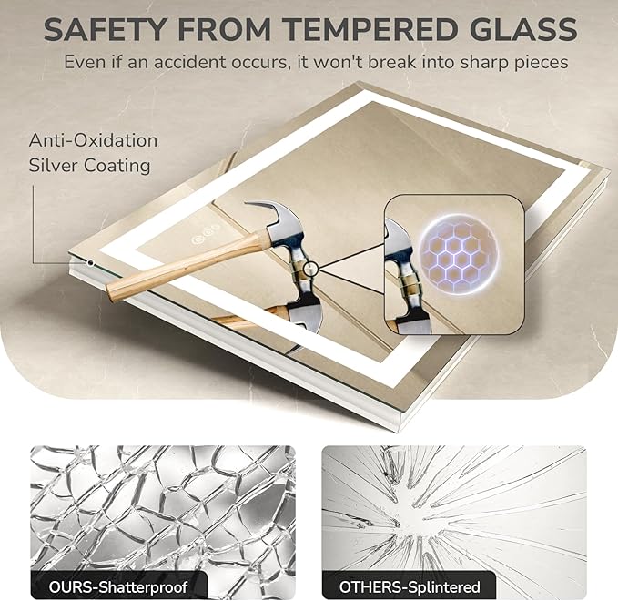 USHOWER LED Bathroom Mirror 48x32 Inch with Lights - Frameless Tempered Glass LED Backlit Lighted Mirror for Bathroom Vanity with Anti-Fog, 3 Colors Dimmable, Memory Function, Wall-Mounted