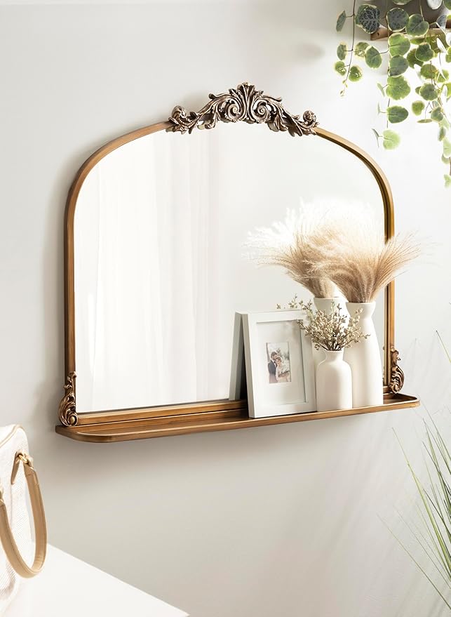 Kate and Laurel Arendahl Traditional Vintage Arch Mirror with Shelf; 33 x 26; Gold; Baroque Antique Arched Wall Mirror with Functional Shelf for Use as Vanity Bathroom Mirror or Cute Nursery Mirror