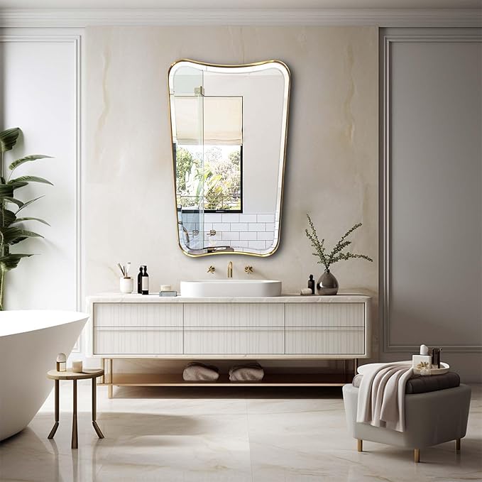 POZINO Brushed Irregular Rectangle Mirrors, 24"x40" Bathroom Vanity Mirror for Over Sink, Brass Unique Shape Decorative Mirrors, Gold Beveled Mirror for Living Room Bedroom Hallway Entryway Fireplace