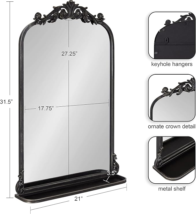 Kate and Laurel Arendahl Traditional Vintage Arch Mirror with Shelf; 21 x 32; Black; Baroque Antique Arched Wall Mirror with Functional Shelf and Ornate Frame