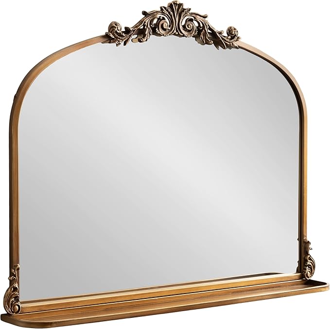 Kate and Laurel Arendahl Traditional Vintage Arch Mirror with Shelf; 33 x 26; Gold; Baroque Antique Arched Wall Mirror with Functional Shelf for Use as Vanity Bathroom Mirror or Cute Nursery Mirror