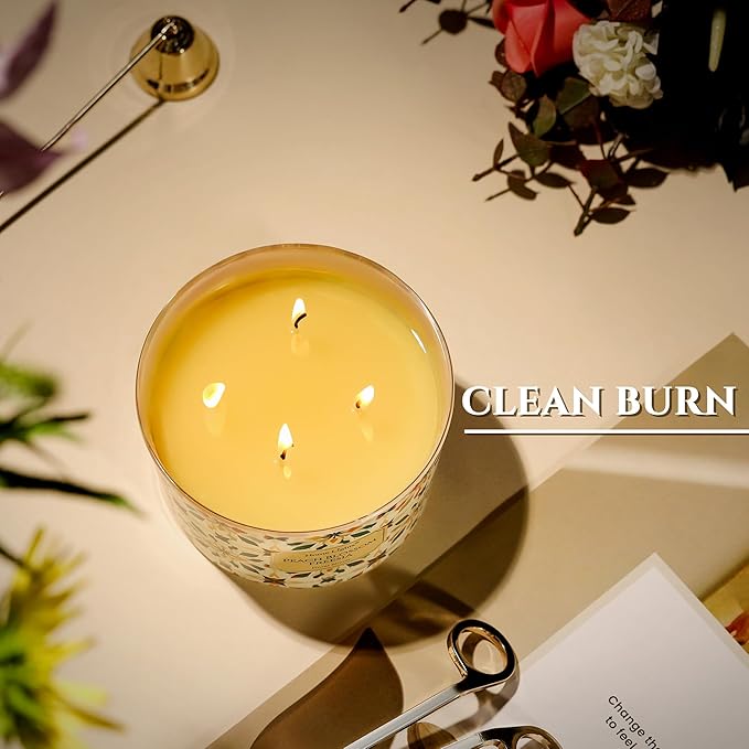 HomeLights Soy Wax Candles for Home Scented, 4-Wick Candles in Peach Blossom Freesia Scented, Aromatherapy Candles Gift for Parties, Relaxing, Bohemian Natural Textures, 18oz