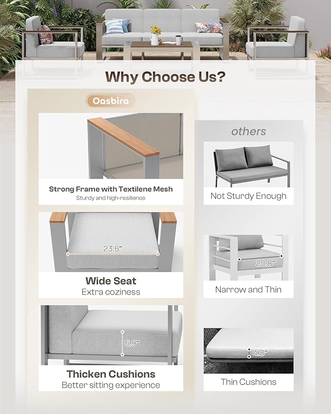 Patio Furniture Set, 5 Piece Aluminum Outdoor Furniture Set with Coffee Table, Wide Seat and Thick Cushions, Modern Outdoor Patio Conversation Sets for Deck, Porch (Teak-Gray)