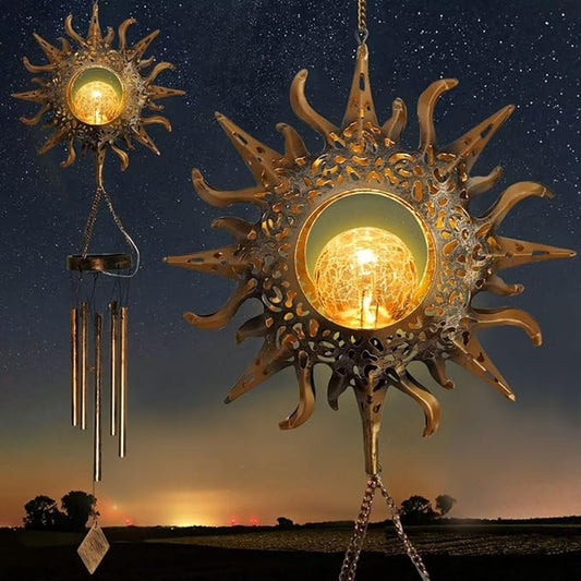 Solar Sun Wind Chimes for Outside Unique Gardening Gifts for Women Mom Grandma Crackle Glass Ball LED Wind Chimes Solar Lights Outdoor Decor Hanging Decorative Mobile Light for Garden Patio Yard Porch