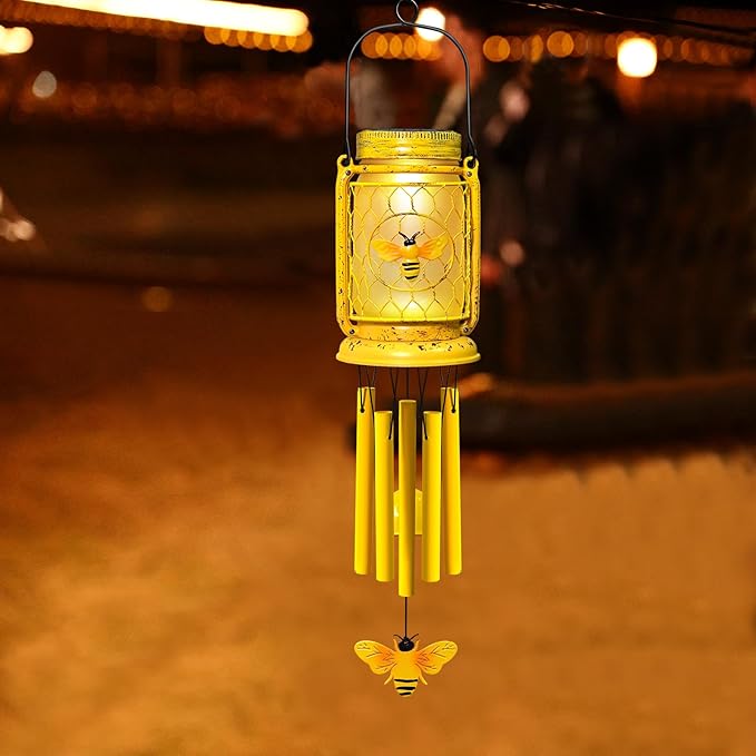 1 Pack Solar Bee Wind Chimes for Outside, Mother' s Day Gifts for Mom Women Grandma, Solar Mason Jar Wind Chime Light Unique Hanging Wind Chimes Outdoor, IP65 Waterproof for Yard Garden Terrace
